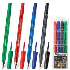 фото НАБОР Ручки шариковые BRAUBERG 4шт, Black Jack, 0,7мм, Синяя,чёрн,красн,зелён, блистер (12)
