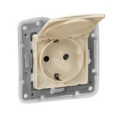 Фото Розетка 2К+З IP 44 с откидной крышкой и шторками, в рамку, Слоновая кость, ETIKA