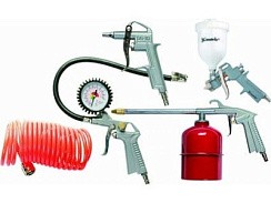 Фото Набор пневмоинструмента, 5 предметов, быстросъемное соед., краскорасп. с верхним бачком// MATRIX