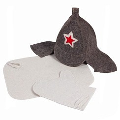 Фото Набор 3-х предметный «Буденовка» (шапка с вышивкой, коврик белый, рукавица)