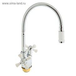 Фото Смеситель д/кухни SL92W-279F двуручковый, высокий гибкий излив, латунь, Хром/белый, РМС