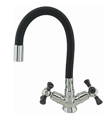 Фото Смеситель д/кухни двуручковый R5893F-2 гиб.излив кер.кран-букса (Zn),чёрный хром Rainsberg