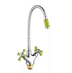 Фото Смеситель д/кухни SL92GR-279F двуручковый, высокий гибкий излив, , Хром/зелёный, РМС