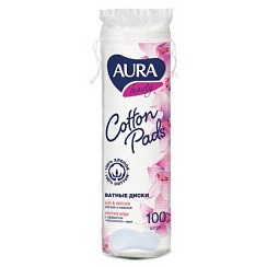 фото Ватные диски КОМПЛЕКТ 100 шт AURA, двусторонние